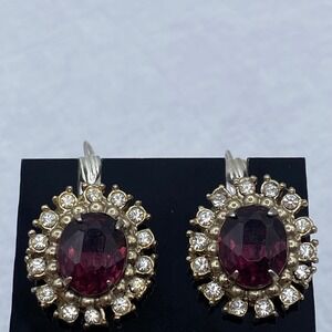 Purple Silver Tone Faux Amethyst Drop Earrings Halo Rhinestone Goth Dark Formal